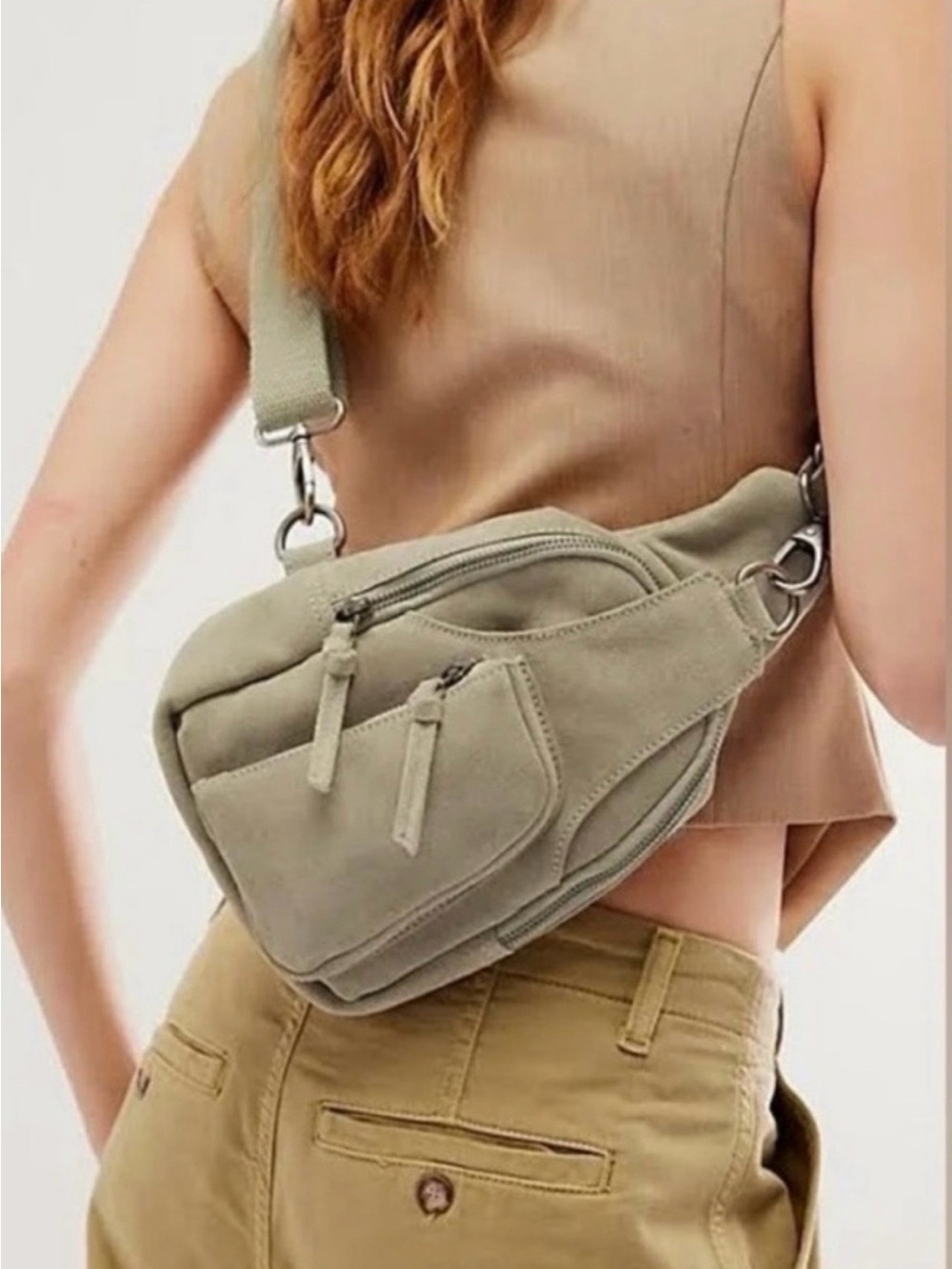 Free People Beige Pebble Hudson Suede Leather Sling Crossbody Bag Minimal